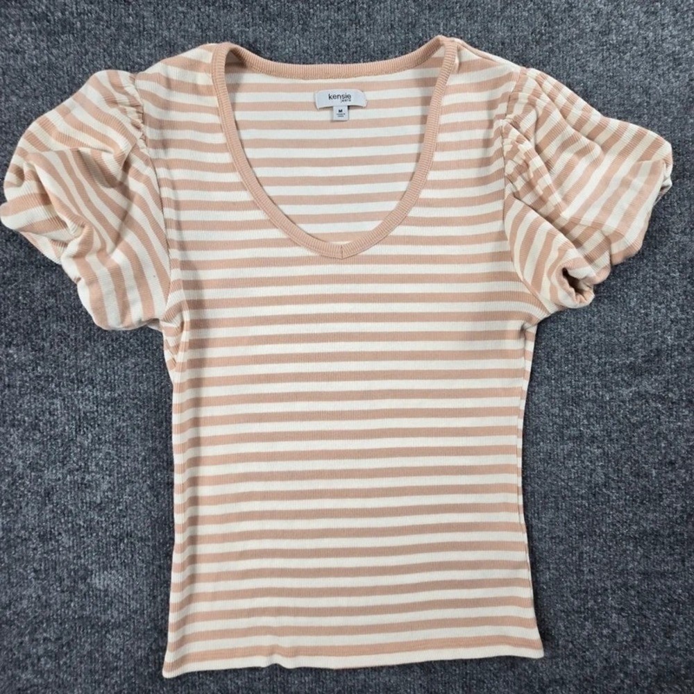 Kensie Jeans ribbed striped puff sleeve V-neck top medium beige cream stretch
